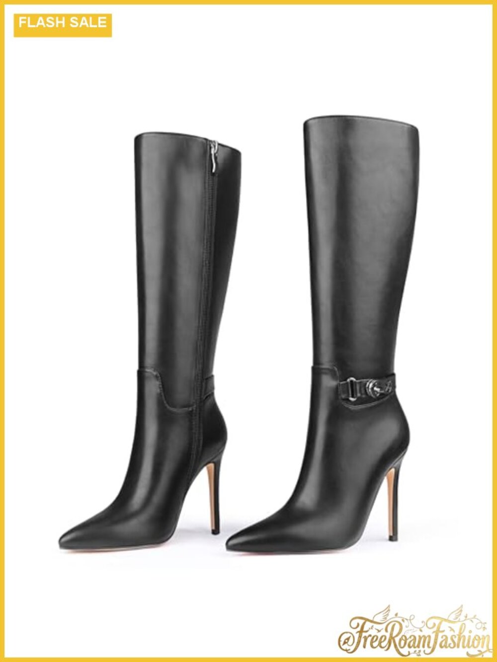 Knee High Stiletto Boots Faux Leather Pointed Toe Buckle Zip Heeled